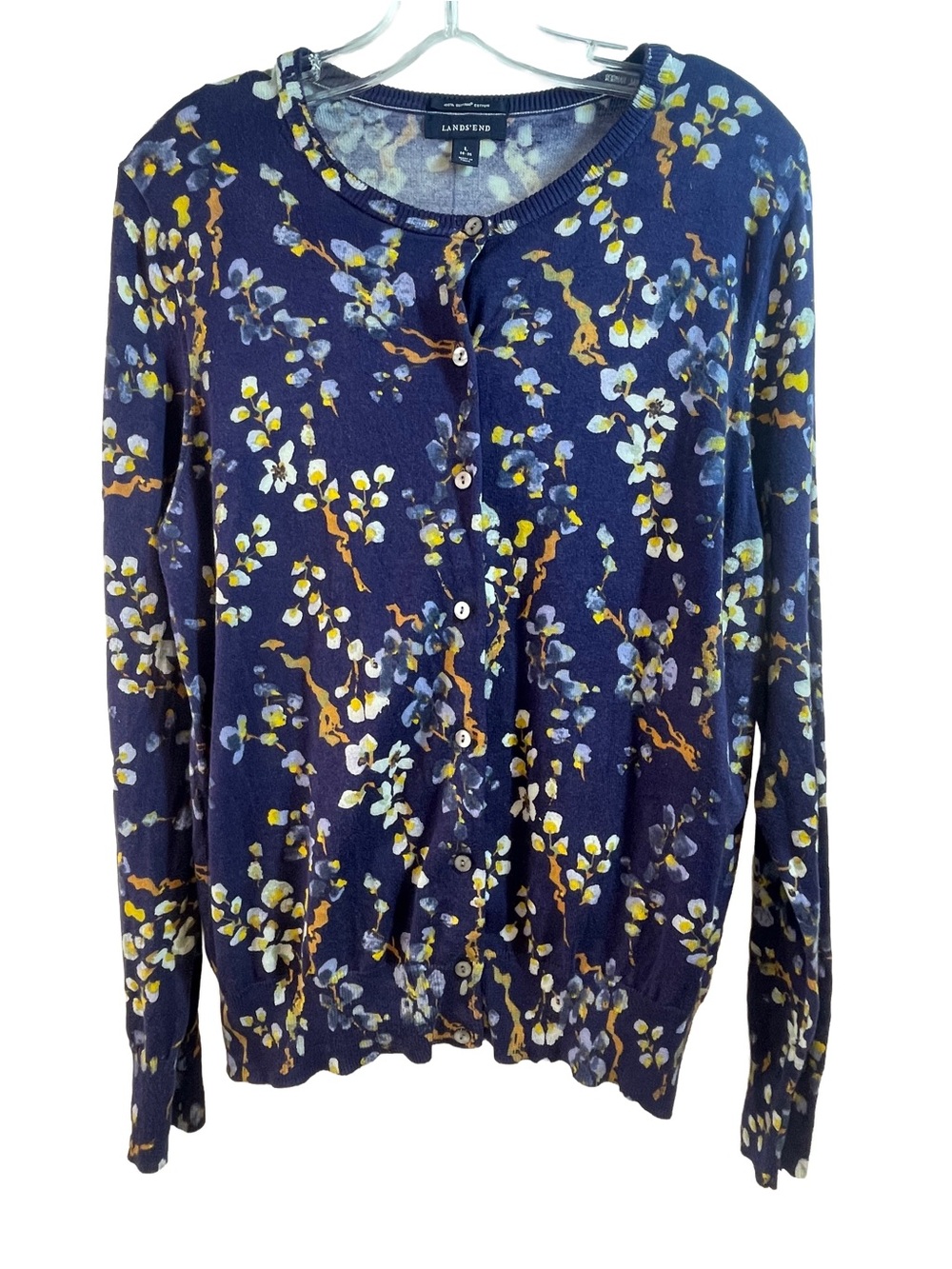 Land's End Navy Floral Button Cardigan Women’s Size Large
